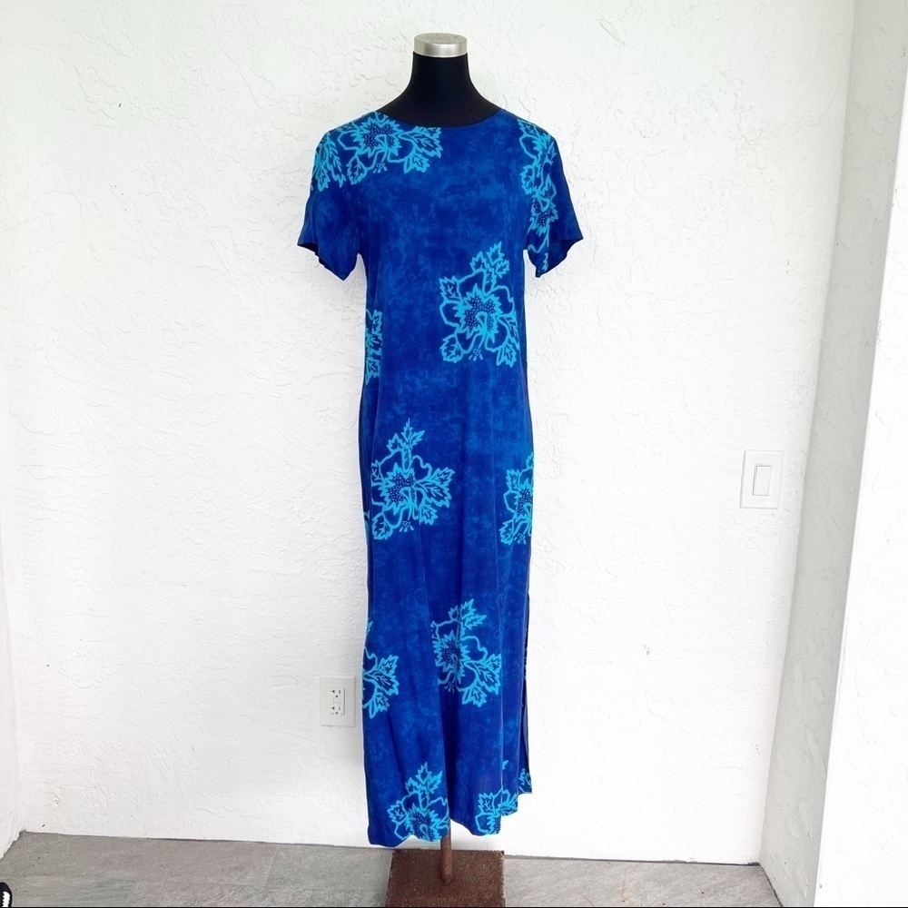 Vintage Boho Beach Summer Coconut Girl Blue Hawaiian Floral Tropical Maxi Dress